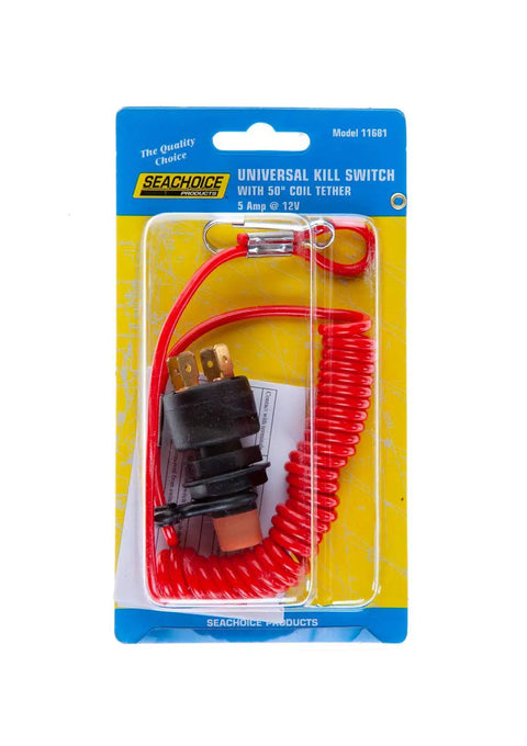 Universal Boat Kill Switch Kit With 50 Inch Coiled Lanyard And Disconnect Clip Red Black Nylon Casing 5A At 12V in packaging
