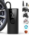 Portable Car Tire Inflator With Digital Gauge, 12V DC Air Pump next to tire, accessories, and various vehicle illustrations.
