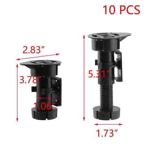 10 Pack Cabinet Leveler Feet 3.78 Inch Height Adjustable With Screws shown with dimensions 2.83" x 1.06" x 3.78"
