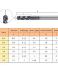 Diagram and specifications of Ball Nose End Mill Cutter 0.0625 Inch Diameter, 0.125 Inch Shank, 4 Flute Micro Grain Carbide CNC Router Bit.