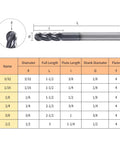 Diagram of Four Flute Carbide Ball Nose End Mill For Badass Metalworking, shown with dimensions and size chart for various diameters.
