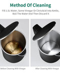 1.7 Liter Electric Kettle With Double Wall Stainless Steel Interior, before and after cleaning with vinegar, open lid view