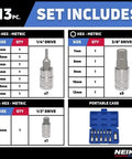 Metric Hex Bit Socket Set 13-Piece S2 And Cr-V Steel Chrome Finish with 1/4 Inch, 3/8 Inch, and 1/2 Inch Drives shown with case.