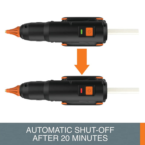 20V Cordless Full Size Hot Glue Gun With 382°F High Heat, 3-Minute Preheat showing automatic shut-off feature
