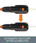 Cordless Full Size Hot Glue Gun With 20V Power Share Battery And Charger showing automatic shut-off feature