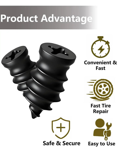 Close-up view of screw plugs, text highlighting the 70 Piece Tire Repair Kit with Plugs And Screwdriver for fast and secure use.
