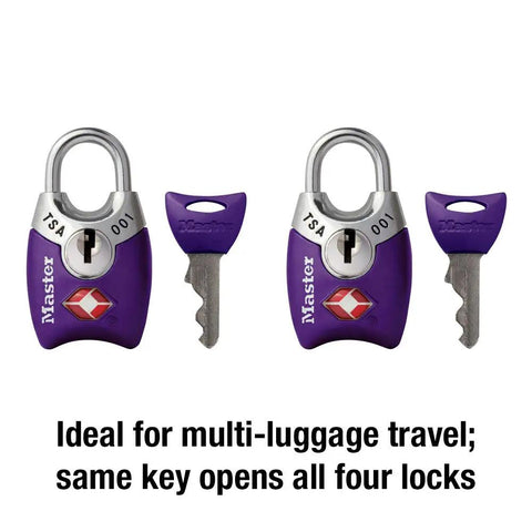 TSA Approved Keyed Luggage Lock 4689T, 2 Pack, Colors May Vary, Travel Lock For Backpacks, Bags, Briefcases, And Suitcases, Easy To Use Keyed Lock For Airport Security And On The Go, showing two purple locks and keys