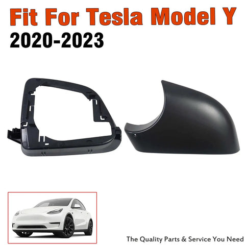 Super Clean Slick Swap Replacement Rearview Mirror Cover And Lower Trim Ring Frame Set For Tesla Model Y Driver Side Door Wing Mirror Housing Direct Bolt On 2020 To 2023, black plastic parts.