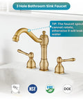 Vintage 8 Inch Widespread Bathroom Faucet With 3 Hole 2 Lever Handles Deck Mount And Pop Up Drain Antique Brass Includes Hot And Cold Water Supply Lines For A Retro Vibe Powder Room Makeover installed on a white marble sink.