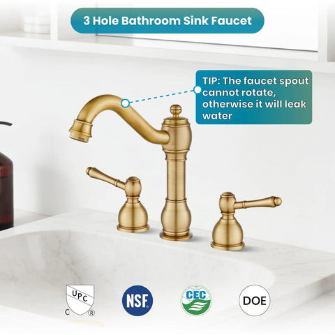 Vintage 8 Inch Widespread Bathroom Faucet With 3 Hole 2 Lever Handles Deck Mount And Pop Up Drain Antique Brass Includes Hot And Cold Water Supply Lines For A Retro Vibe Powder Room Makeover installed on a white marble sink.