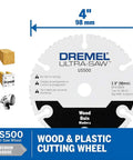 Dremel Ultra-Saw US500 wood and plastic cutting wheel, 4 inches, for versatile cutting tasks with cordless multi saw tool kit.