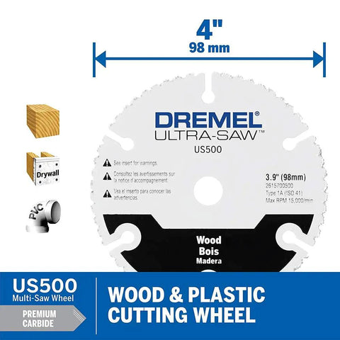 Dremel Ultra-Saw US500 wood and plastic cutting wheel, 4 inches, for versatile cutting tasks with cordless multi saw tool kit.