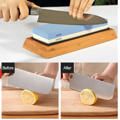 Two Sided 1000 And 6000 Grit Whetstone Knife Sharpener Kit With Non Slip Bamboo Base And Angle Guide in use, knife sharpening demo