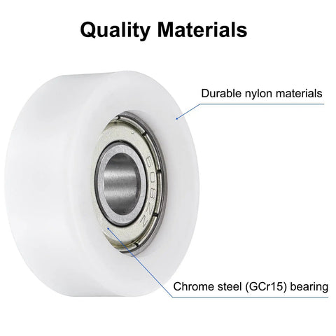 4Pcs 608ZZ Nylon Roller Bearings 8x32x12mm Idler Pulley Guide showing durable nylon and chrome steel bearing construction.