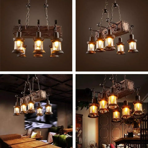 Rustic Farmhouse Linear Pendant Light With Wood Beam, Industrial Island Chandelier in living room, vintage decor