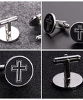 Cross Cufflinks For Men Stainless Steel 2 Pairs Decorative Shirt Fasteners on a black surface, featuring black cross design.