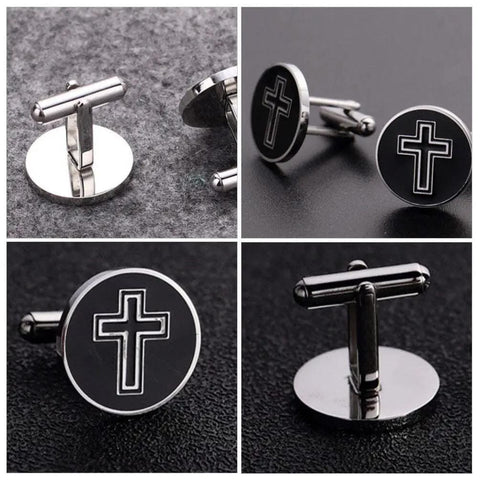 Cross Cufflinks For Men Stainless Steel 2 Pairs Decorative Shirt Fasteners on a black surface, featuring black cross design.