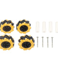 Mecanum wheel set, four yellow and black 80mm tires with white spacers and screws for TT Motors DIY robot car