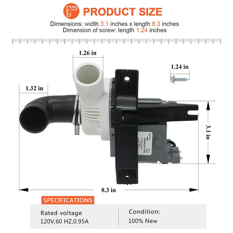 Washer Drain Pump Replacement Fits Whirlpool Maytag Kenmore Washers Replaces W10403802 WPW10409079 AP6021043 PS11754363 EAP11754363 2118648 120V 0.95A 60Hz Durable Easy Install Plug And Play, 8.3 x 3.1 in
