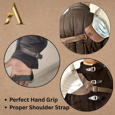 Close-up of Medieval Single Pauldron Spartacus Cosplay Armor Arm Sleeve for LARP Gladiator Knight Costume's shoulder and hand straps.