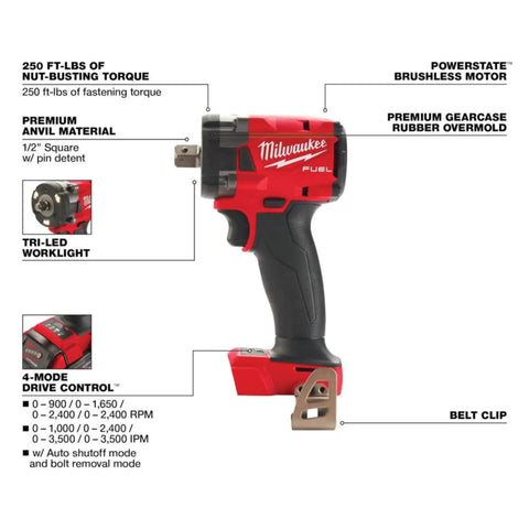 Diagram of M18 FUEL One Half Inch Compact Impact Wrench With Pin Detent, showcasing features like torque and LED worklight.