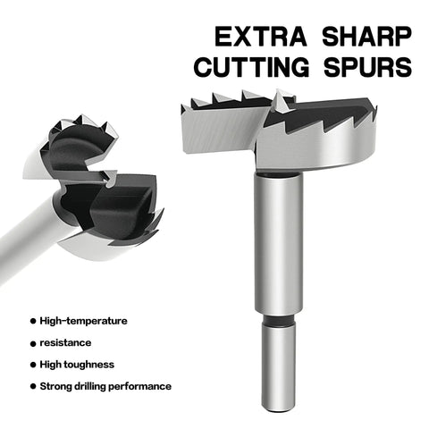 Close-up of an extra sharp cutting spur from the Eight Piece Heavy Duty Hex Shank Forstner Bit Set Built From Heat Treated Steel.