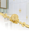 Front view of Vintage Pull Handle Door Knob Back Plate for cabinets, dressers, golden zinc alloy, 120mm length, installed on cabinet