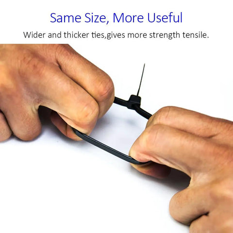 Hands pulling Nylon Zip Ties 10 Inch Black Heavy Duty Cable Ties 6mm Wide Pack Of 100 to demonstrate strength and flexibility.