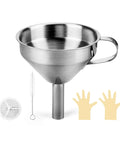 Stainless Steel Resin Funnel With Filter Cup for MSLA DLP LCD 3D Printers, shown with brush, gloves, and filter for resin recycling.