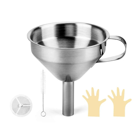 Stainless Steel Resin Funnel With Filter Cup for MSLA DLP LCD 3D Printers, shown with brush, gloves, and filter for resin recycling.