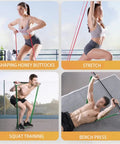 Collage of exercises using full body elastic resistance band set for home gym workouts, showcasing stretching and strength training techniques.
