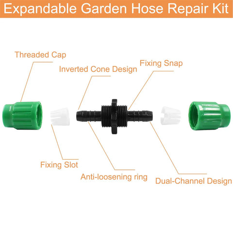 Expandable Garden Hose Repair Kit with dual channel connectors showing components and labels