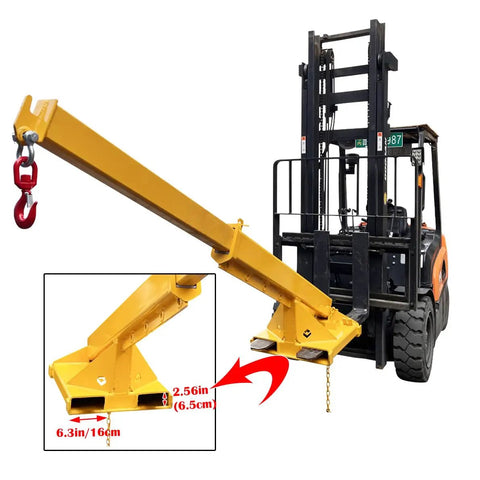 Workhorse 3 Ton Forklift Jib Boom Crane Telescopic Mount With Dual Forks 63 To 98 Inch, yellow steel attachment with hook.