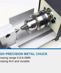 High precision metal chuck for Standard Mini Wood Lathe Machine For Carving Pearl Beads And Metals Includes Speed Control Power Supply 12-24V Plus Six Wood Carving Blades With Hex Shank Fixed Needles Rotary Tool Set Complete Kit.