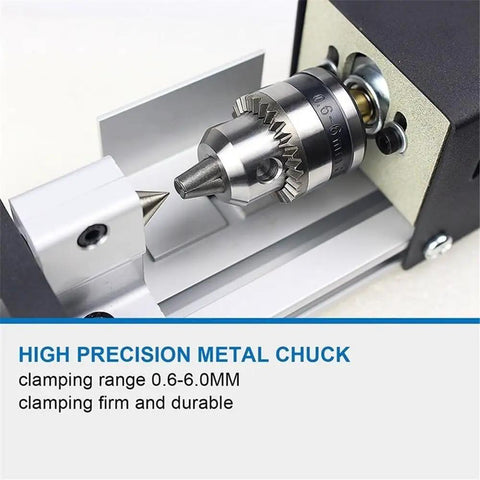 High precision metal chuck for Standard Mini Wood Lathe Machine For Carving Pearl Beads And Metals Includes Speed Control Power Supply 12-24V Plus Six Wood Carving Blades With Hex Shank Fixed Needles Rotary Tool Set Complete Kit.