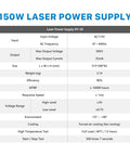 Specifications chart for 150W CO2 Laser Power Supply 110V PSU DY20 for RECI Z6 Z8 W6 W8 S6 S8 Laser Cutter and Engraver.