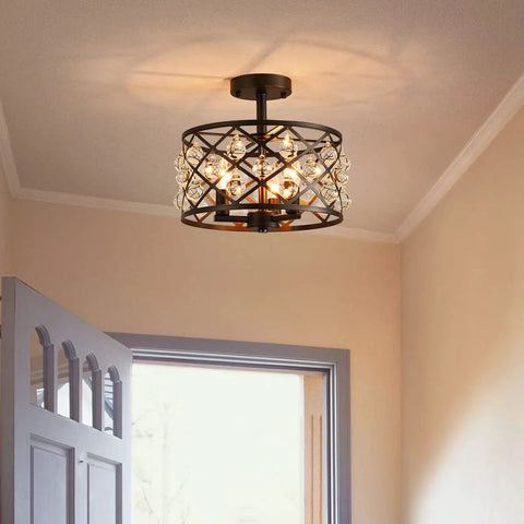 Farmhouse Semi Flush Mount Ceiling Light With Crystal Teardrops, Matte Black Finish, E12 Base, 3 Lights in hallway setting