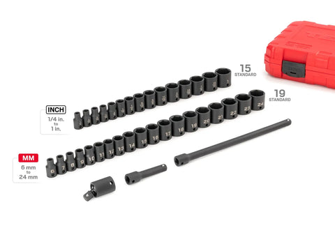 Three Eighth Inch Drive Six Point Impact Socket Set Thirty Seven Piece Kit With Shallow And Deep Sockets SAE And Metric Range