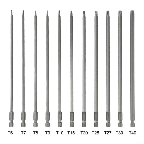 Sick 11-Piece Torx Screwdriver Bit Set With Holes, Super Long 200mm Alloy Steel Hex Shank Bits T6 To T40 Security Star Driver Kit For Electric Drill And Heavy Duty Jobs That Are Totally Awesome. 11 long T6-T40 bits on white
