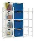 Heavy Duty Wall Mount Steel Shelving Rack With 12 Tote Bin Slots For Garage Storage offers organized bins in a sturdy white frame.