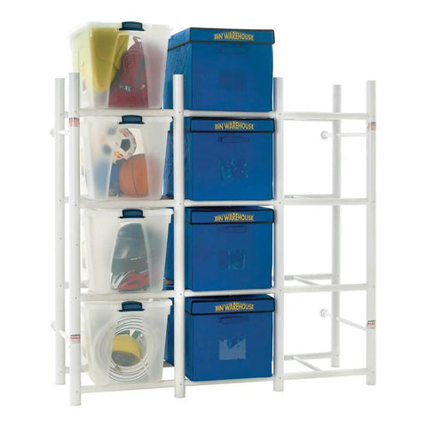 Heavy Duty Wall Mount Steel Shelving Rack With 12 Tote Bin Slots For Garage Storage offers organized bins in a sturdy white frame.