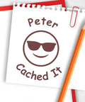 Stamped notebook with "Peter Cached It" from Geocache Found Log Stamp Kit Self-Inking 3/4 Inch Stamp With 11 Vibrant Ink Colors.