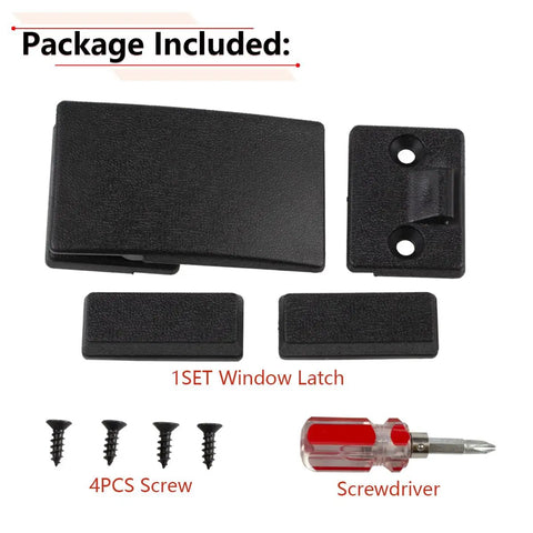 Rear Back Sliding Window Latch Lock And Striker Chrome Replacement For Nissan D21 Hardbody Pickup 1986-1994 And Nissan 720 Pickup 1984-1986 OEM Nos 79724-25W00 79725-25W00 Easy Install 1 Set Included showing package contents like latch, striker, screws, and screwdriver.