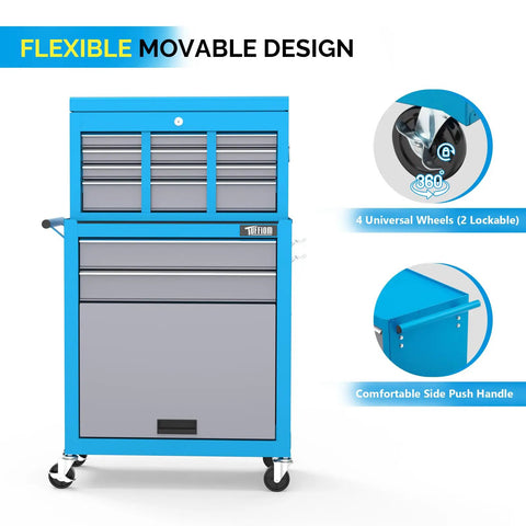 Eight Drawer Rolling Tool Chest On Wheels With Lockable Casters Detachable Top Bottom Cabinet And Side Hooks Heavy Duty Mechanic Tool Organizer For Garage Workshop Or Home Shop Storage, blue steel chest with side handle