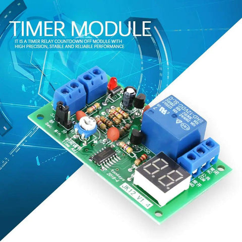 12V Digital LED Countdown Timer And Delay Relay Module With Adjustable 1 To 99 Seconds Or Minutes Trigger on blue background