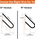 Size comparison image for Heavy Duty Steel Jamb Mount Grab Bar For Front Porch Steps and Decks, showing 32" and 18" handrail options.