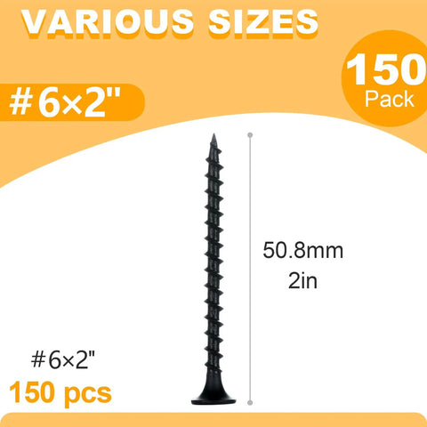 Heavy Duty Heavy Lifter Size 6 X 2 Inch Drywall Screws For Wood Framing and Coarse Thread Black Bugle Head Phillips Drive, 150 pack.