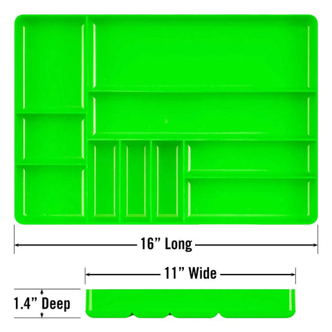 Green 10-Compartment Tool Organizer Tray For Garage And Workshop, heavy-duty 11x16 inches, top view, durable plastic material