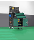 Heavy Duty 3 Drawer Rolling Tool Chest With Locking Cabinet 2 in 1 Metal Storage Cart On Wheels For Garage Workshop And Warehouse Green Sturdy Cold Rolled Steel Large Capacity Organizer front view with open drawers and cabinet