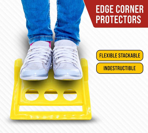 Person standing on 20 Pack 4 Inch Edge Protectors For Flatbed Trucks With Mesh Carrying Case, Yellow Plastic Corner Guards